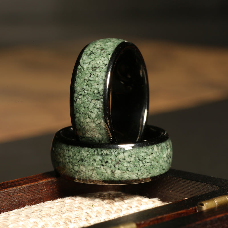 Domed moss agate ring for men with black tungsten