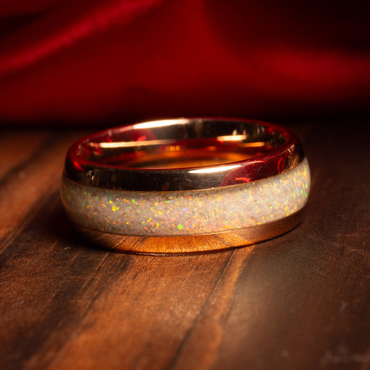Domed white opal ring for men with rose gold finish
