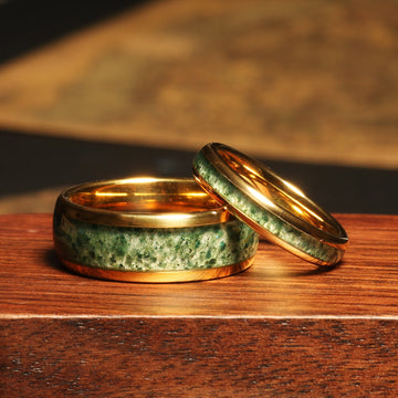 Evergold Moss Agate Matching Wedding Band Set | His and Hers Yellow Gold Tungsten Rings 1