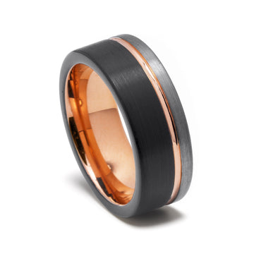 Corporate Rose Gold Strip Wedding Band for Men | 8mm Black Brushed Tungsten Ring 8