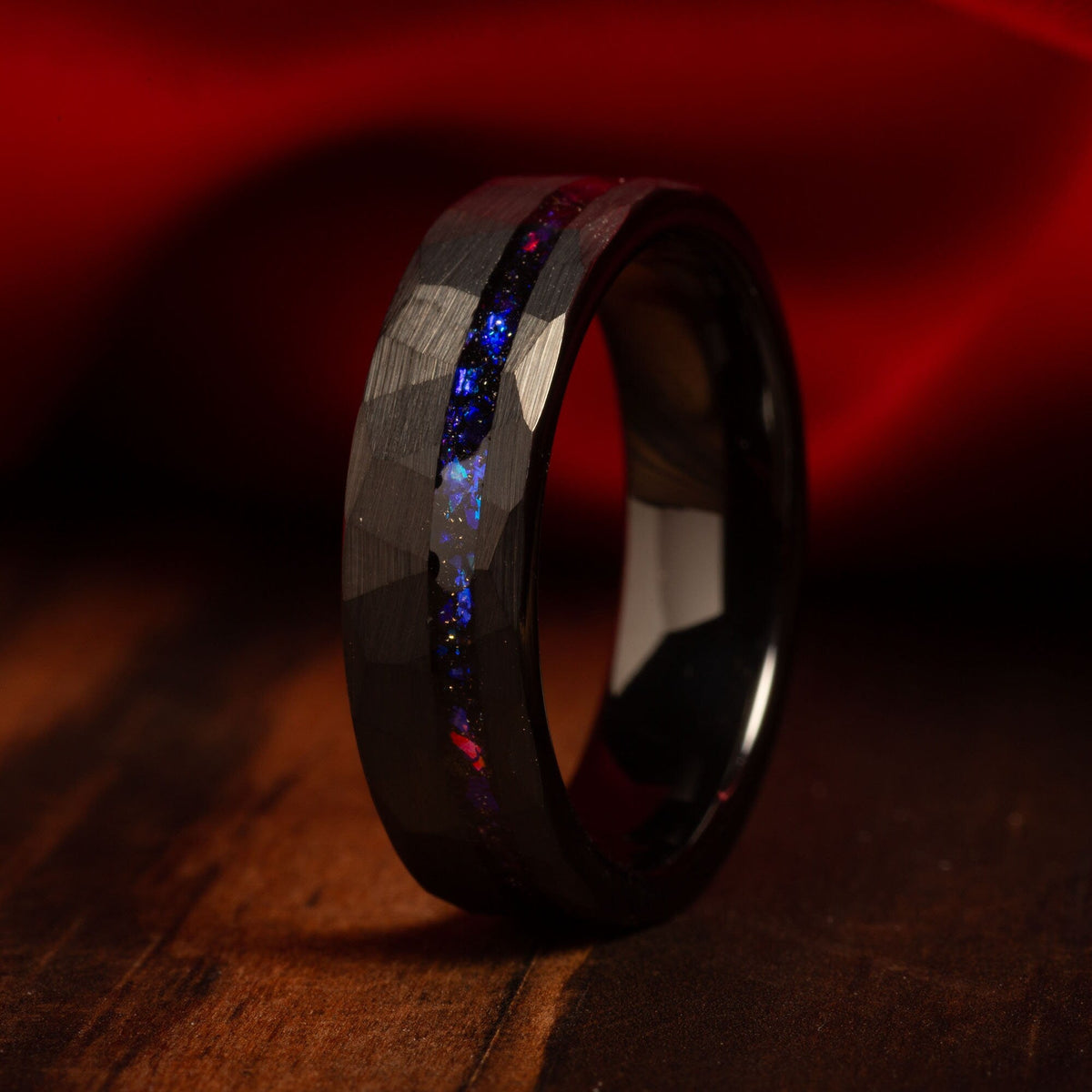 Faceted blue sandstone wedding ring for men with black tungsten