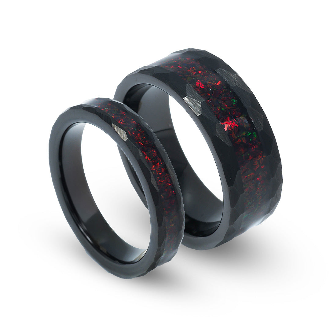 Fire Opal Matching Wedding Band Set | His and Hers Black Hammered Tungsten Rings