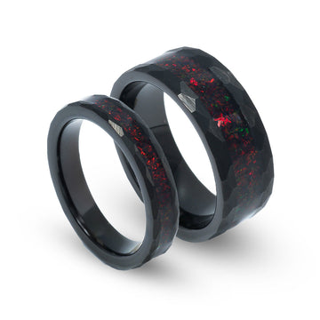 Fire Opal Matching Wedding Band Set | His and Hers Black Hammered Tungsten Rings 1