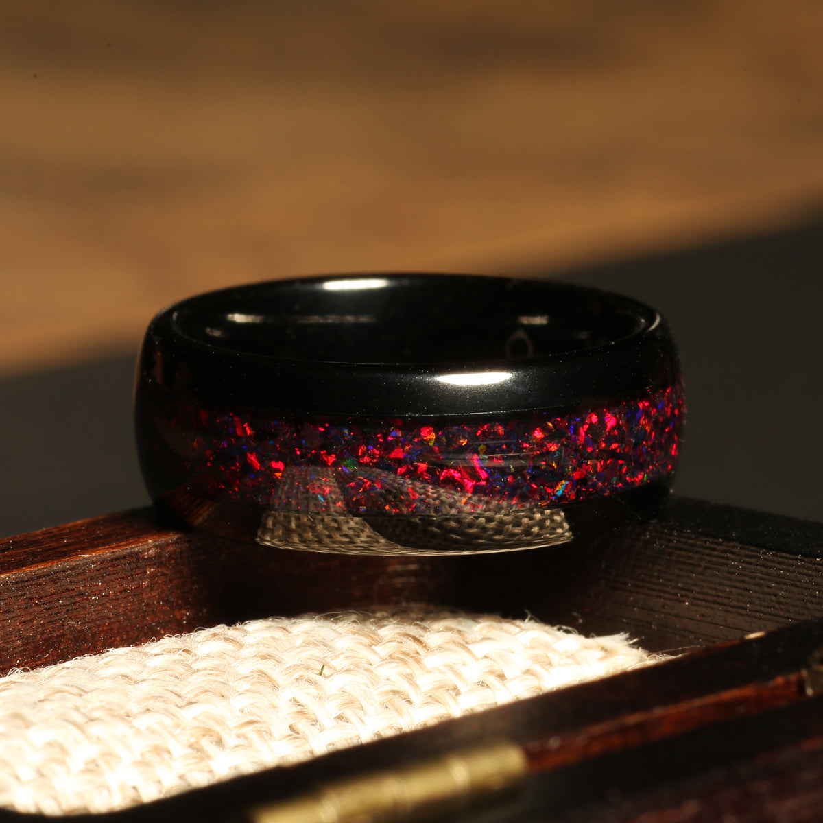 Fire opal wedding ring for men with polished tungsten