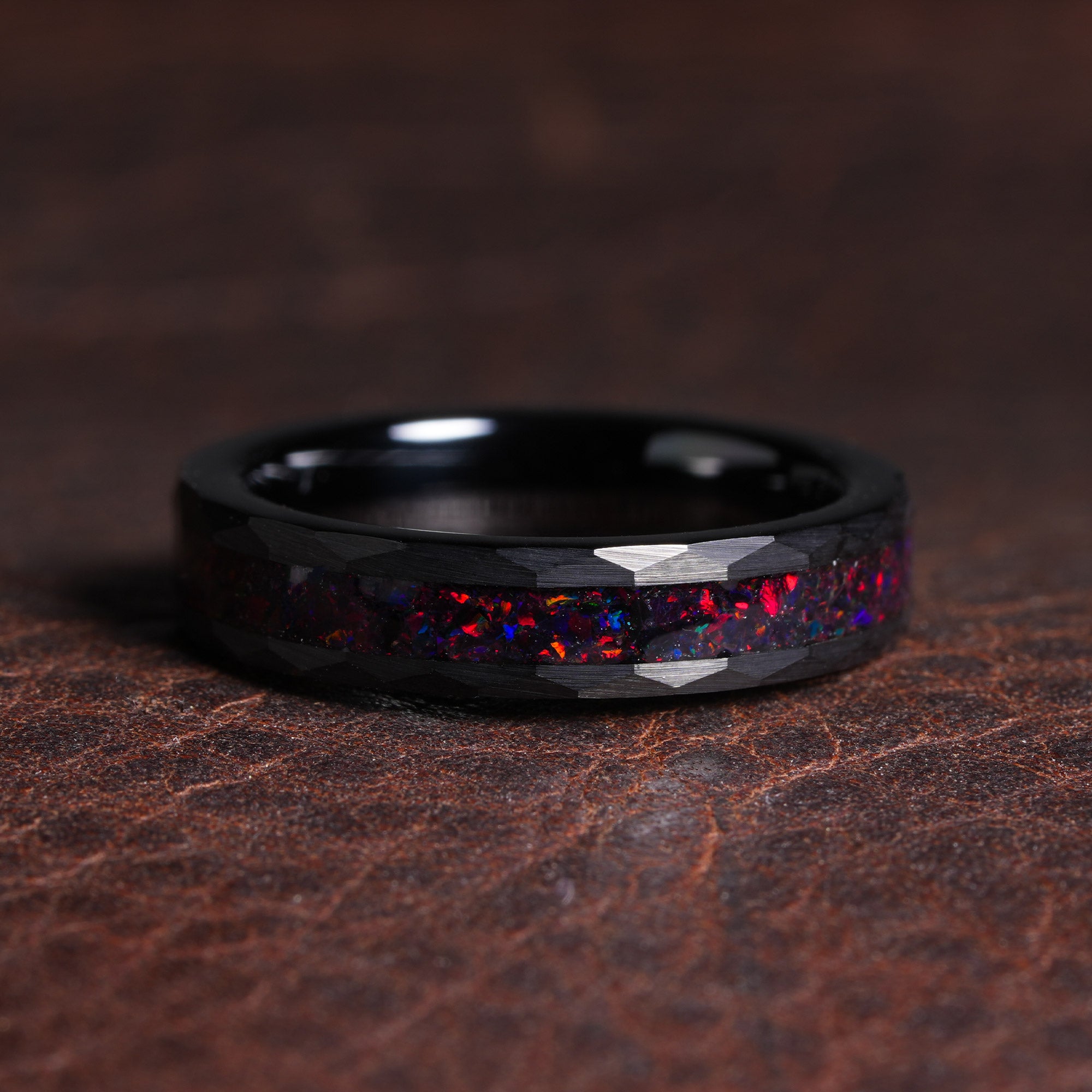 Dragon Rider Fire Opal Ring for Women | 4mm Hammered Black Tungsten Comfort Fit Band