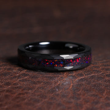 Dragon Rider Fire Opal Ring for Women | 4mm Hammered Black Tungsten Comfort Fit Band 1