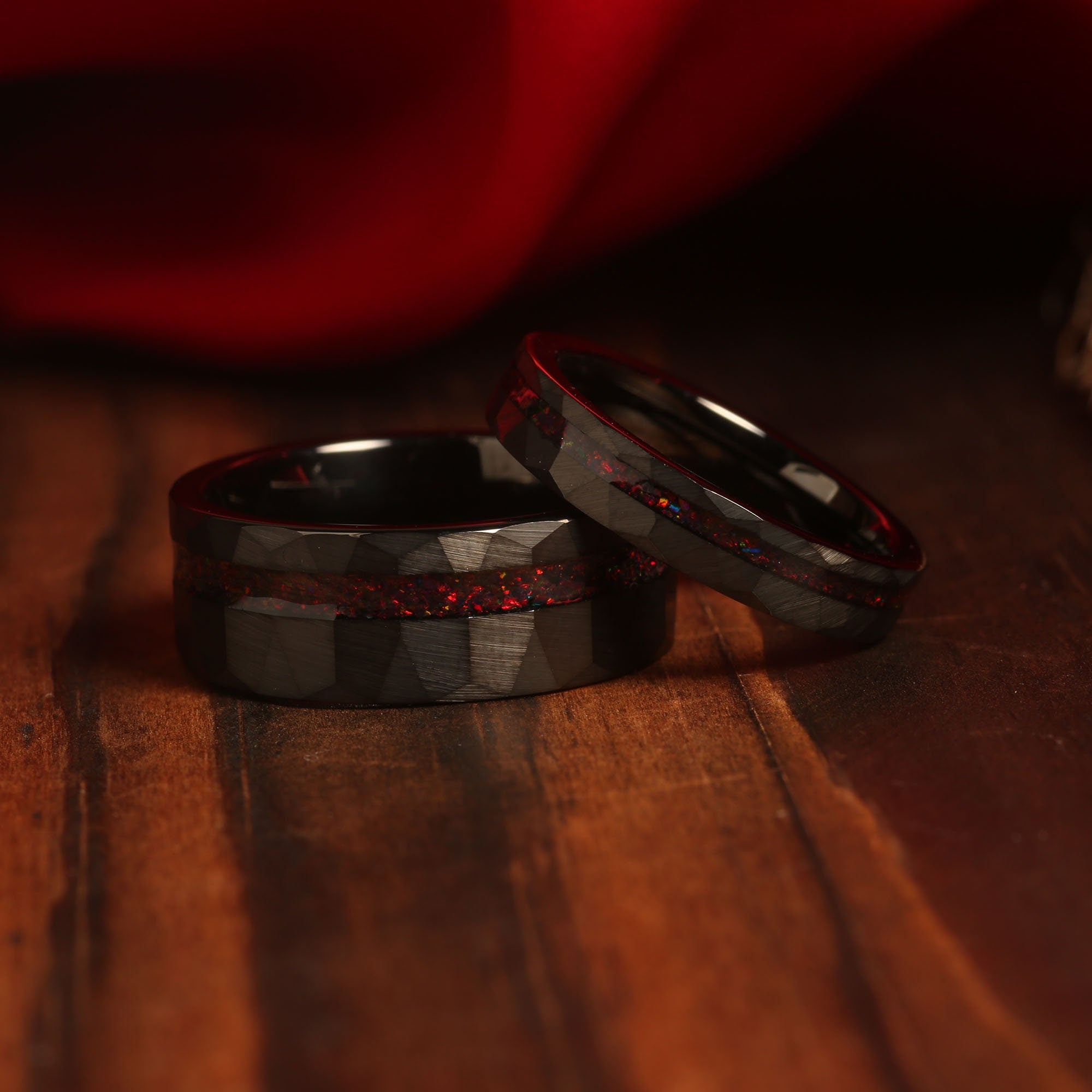Fire Red Opal Matching Wedding Band Set | His and Hers Black Tungsten Rings