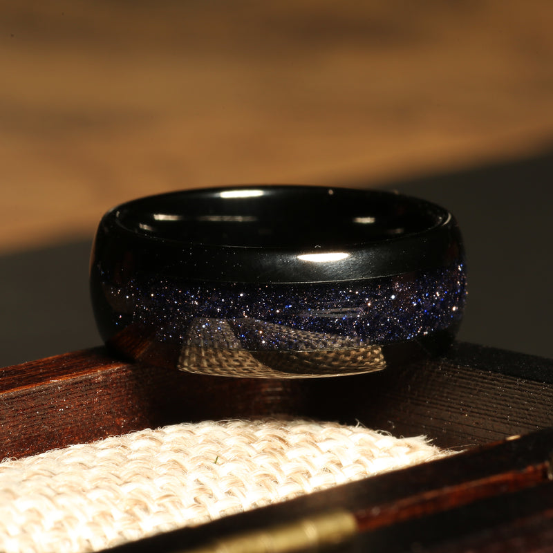 Galaxy blue sandstone ring for men with black tungsten