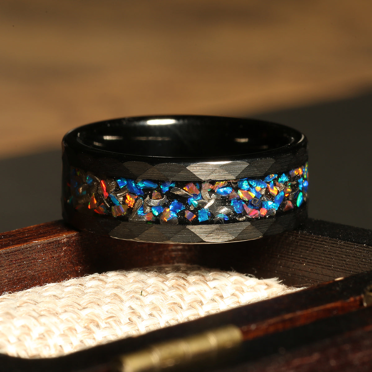 Galaxy opal meteorite ring for men with black tungsten