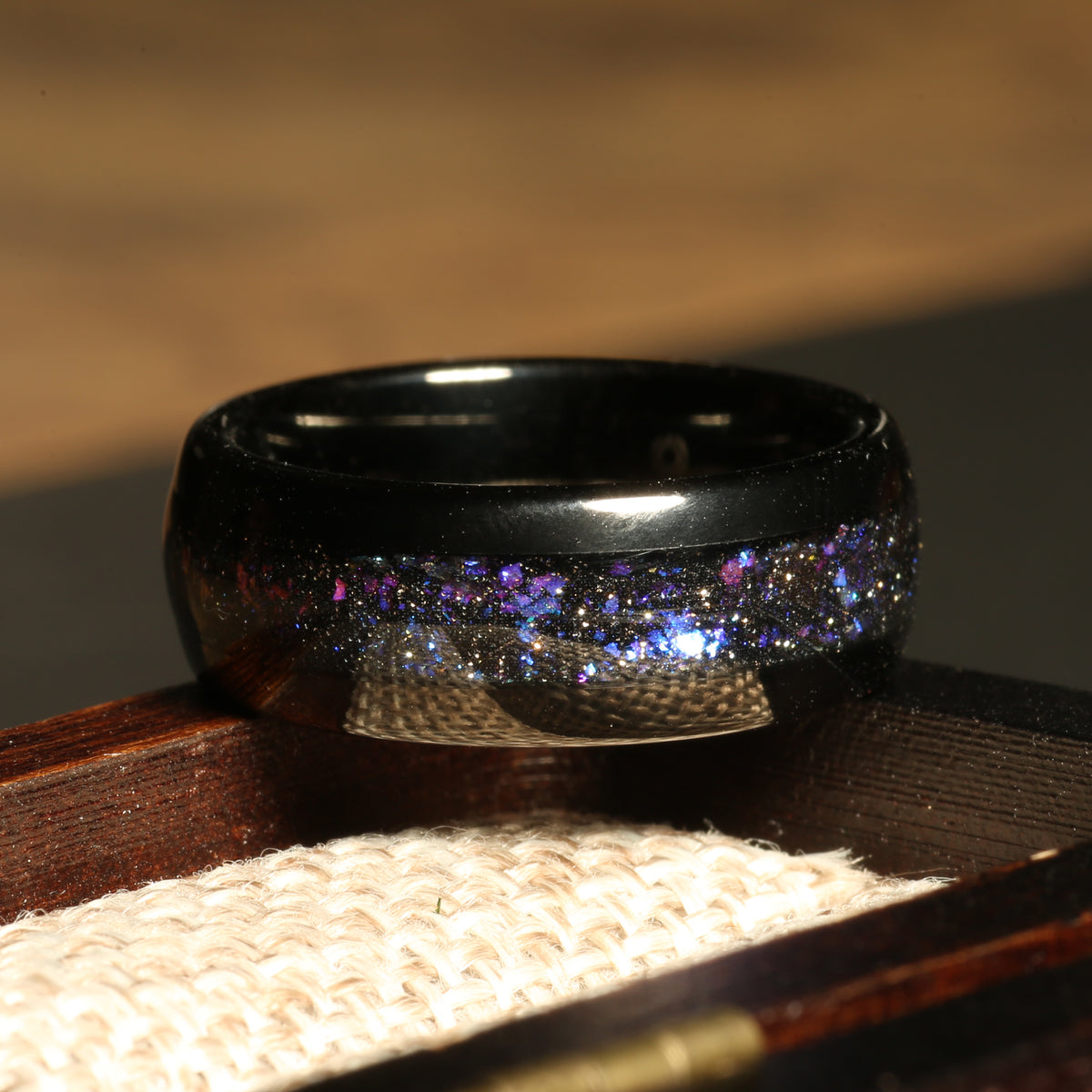Galaxy opal wedding ring for men with polished black tungsten