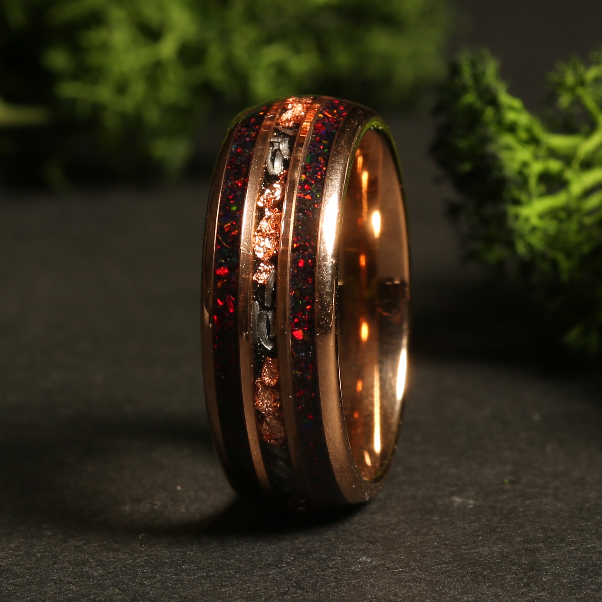 Meteorite Gold Leaf Garnet Wedding Band for Men | 8mm Rose Gold Tungsten Ring