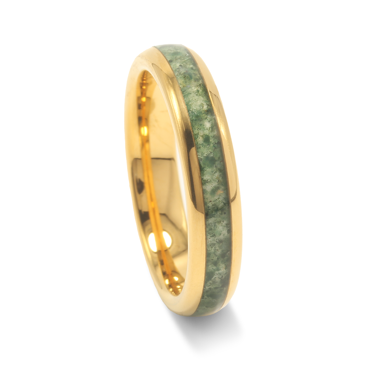 Gold tungsten moss agate ring for women with green stone detail