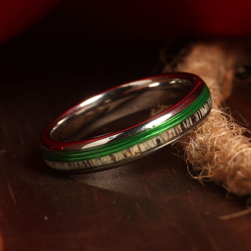 Green fishing line antler ring for women with silver tungsten