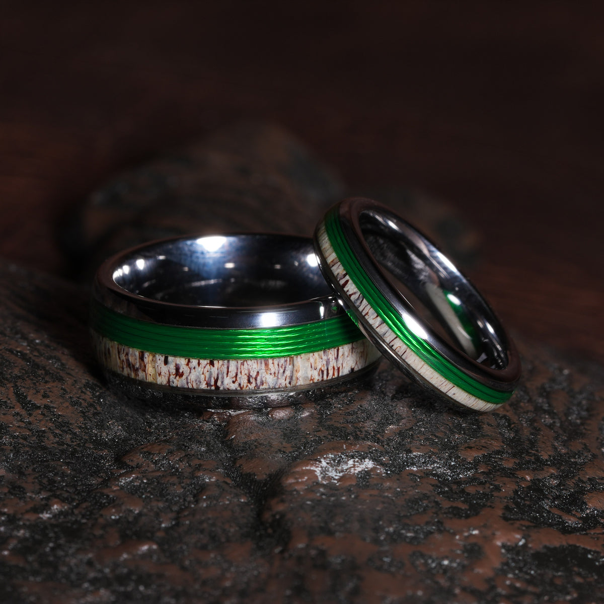 Deer Antler Fishing Line Matching Wedding Band Set | His and Hers Silver Tungsten Rings