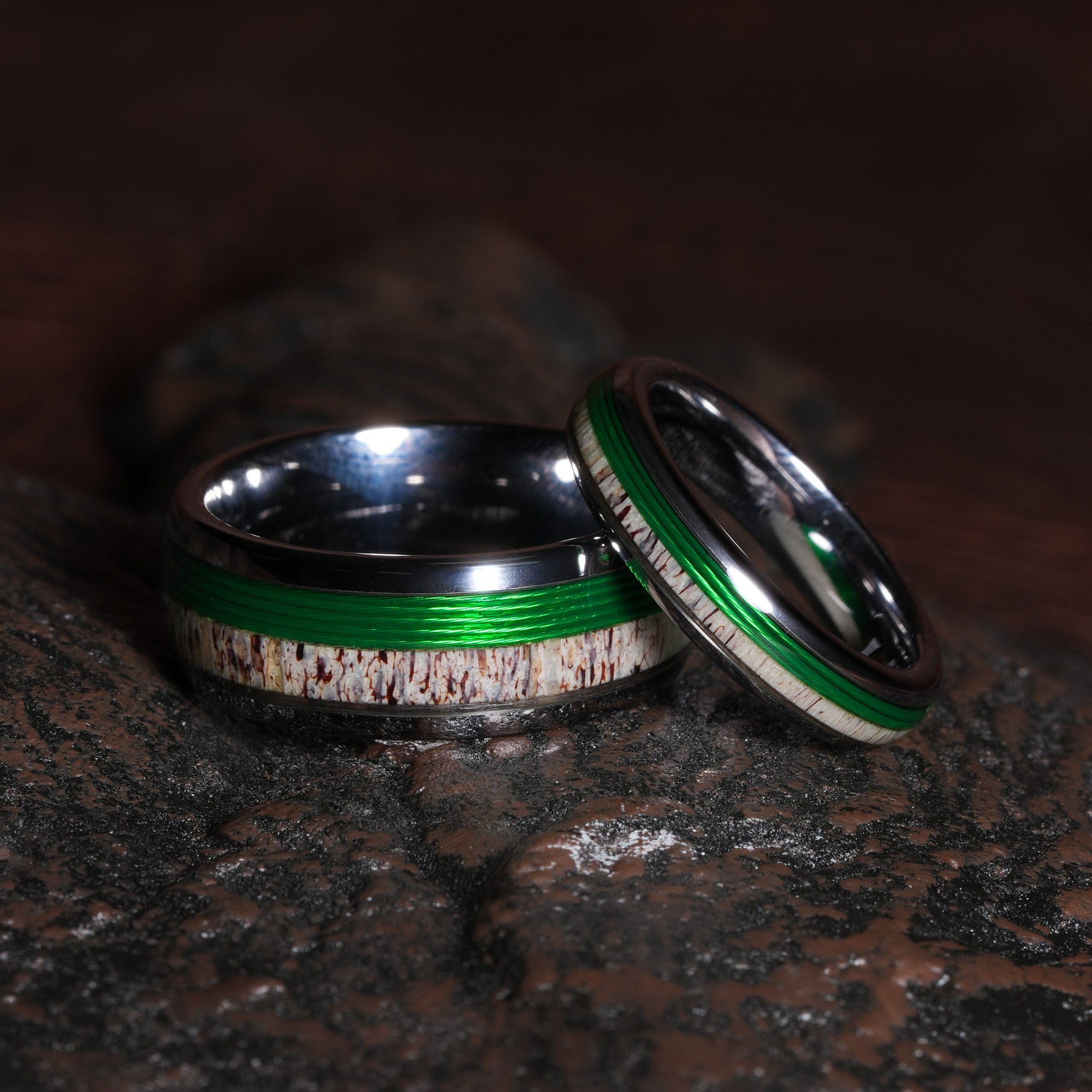 Deer Antler Fishing Line Matching Wedding Band Set | His 8mm & Hers 4mm Silver Tungsten Rings
