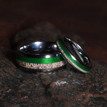 Deer Antler Fishing Line Matching Wedding Band Set | His 8mm & Hers 4mm Silver Tungsten Rings 1