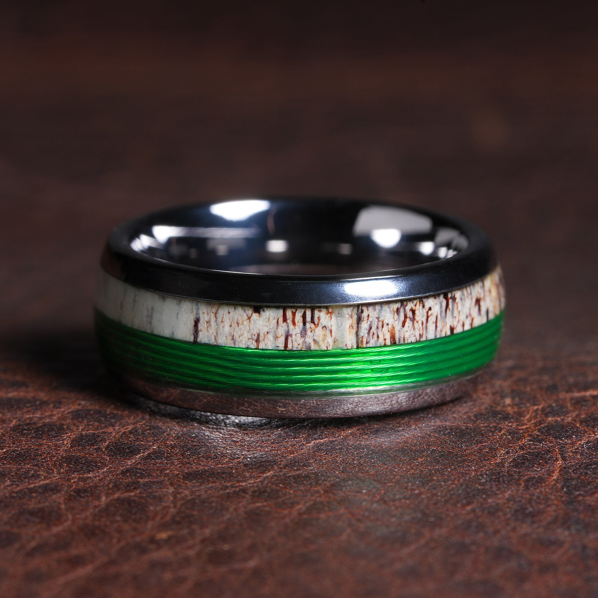 Deer Antler Whiskey Barrel Fishing Line Men's Wedding Band | 8mm Silver Tungsten Ring
