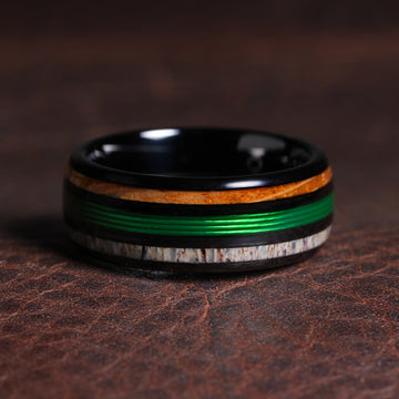 Koa Wood Deer Antler Fishing Line Wedding Band for Men | 8mm Black Tungsten Ring 1