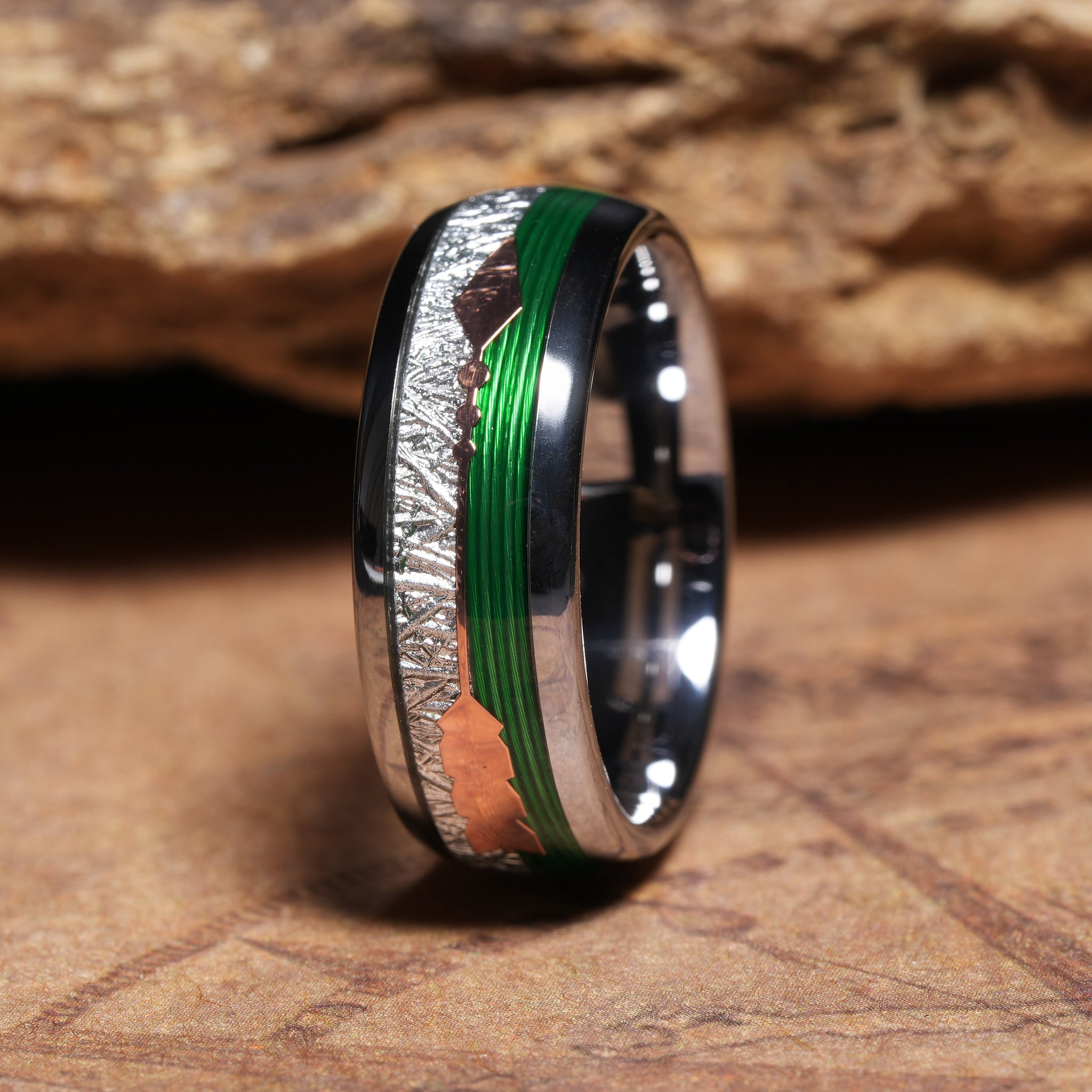 Meteorite Arrow Fishing Line Wedding Band for Men | 8mm Silver Tungsten Ring