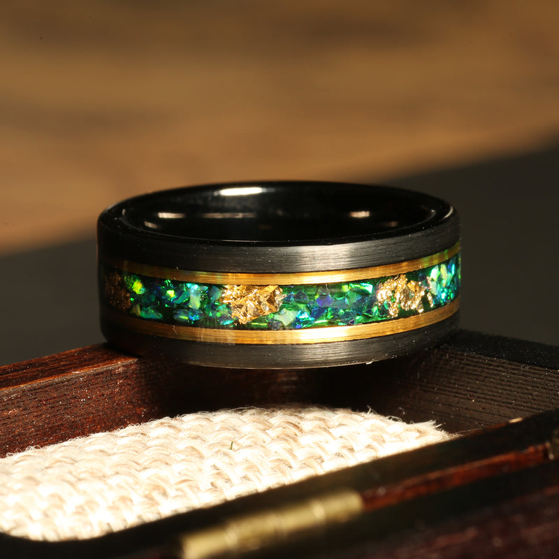 Green garnet meteorite ring for men with yellow gold tungsten