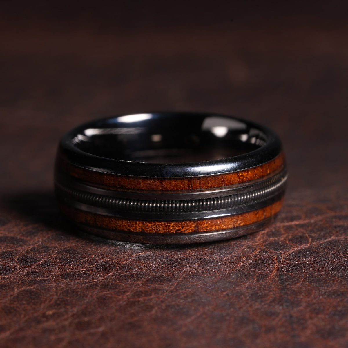 Koa Wood Guitar String Wedding Band for Men | 8mm Silver Tungsten Ring