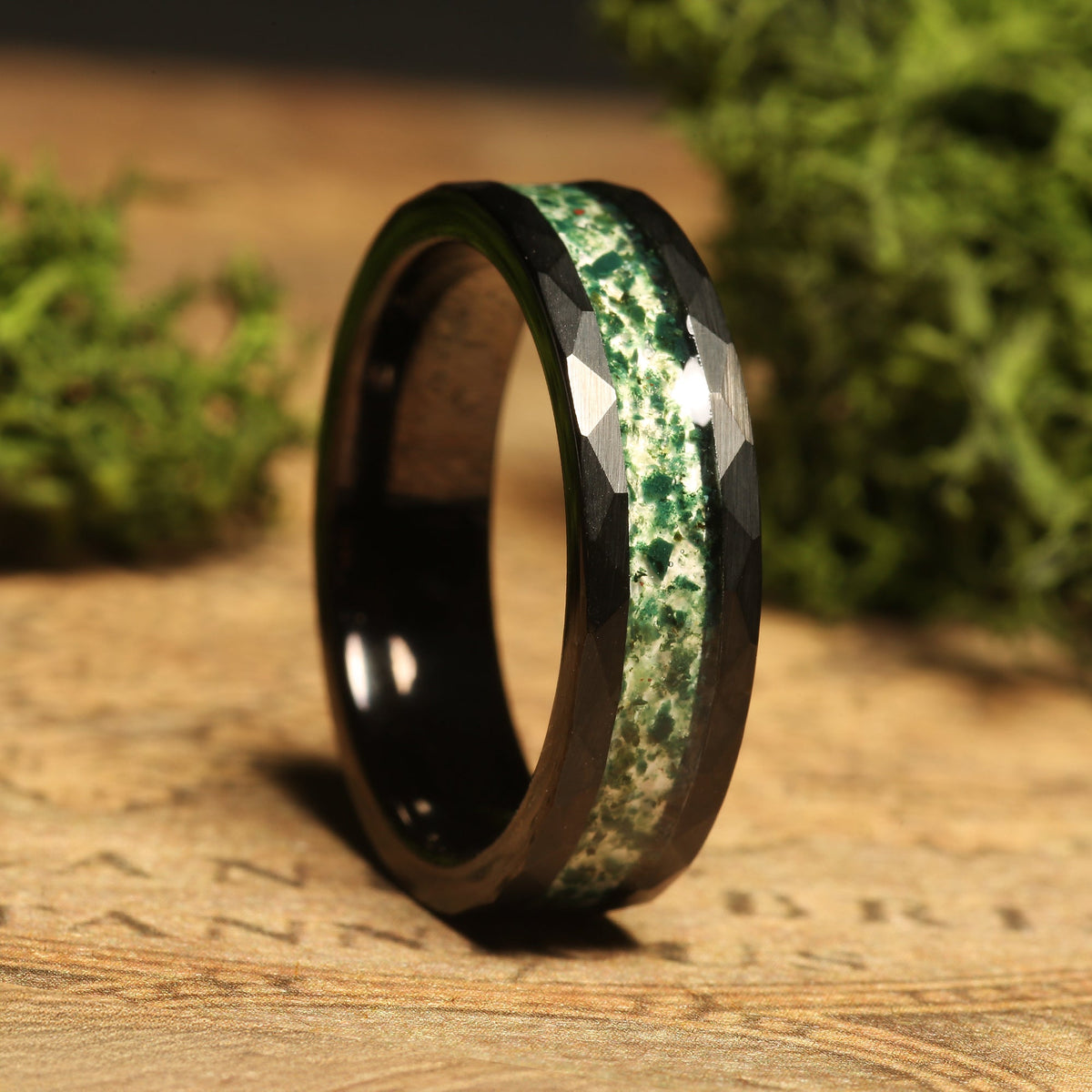 Hammered black tungsten moss agate ring with comfort fit