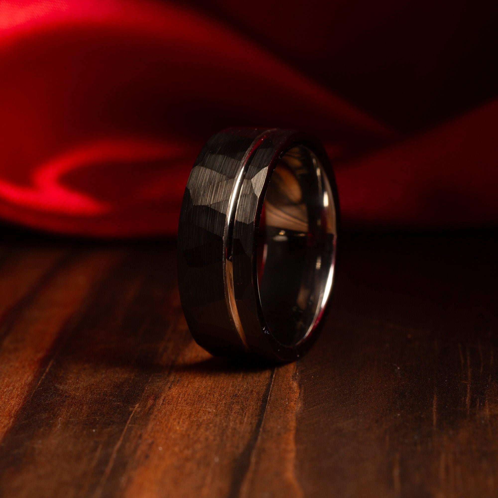Black Hammered Tungsten Wedding Band for Men | 8mm Silver Interior Ring