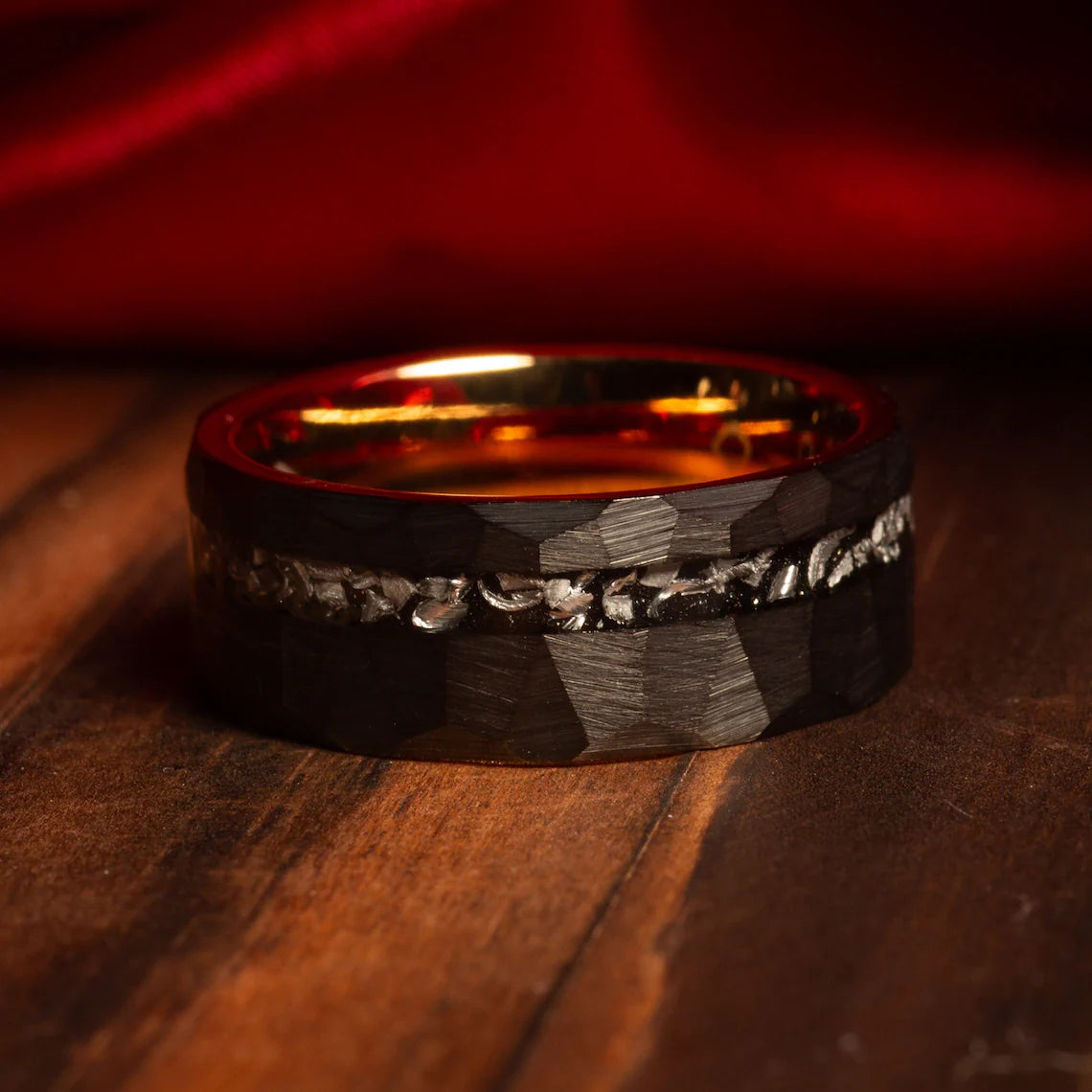 Meteorite Black Tungsten Wedding Band for Men | 8mm Rose Gold Interior Ring