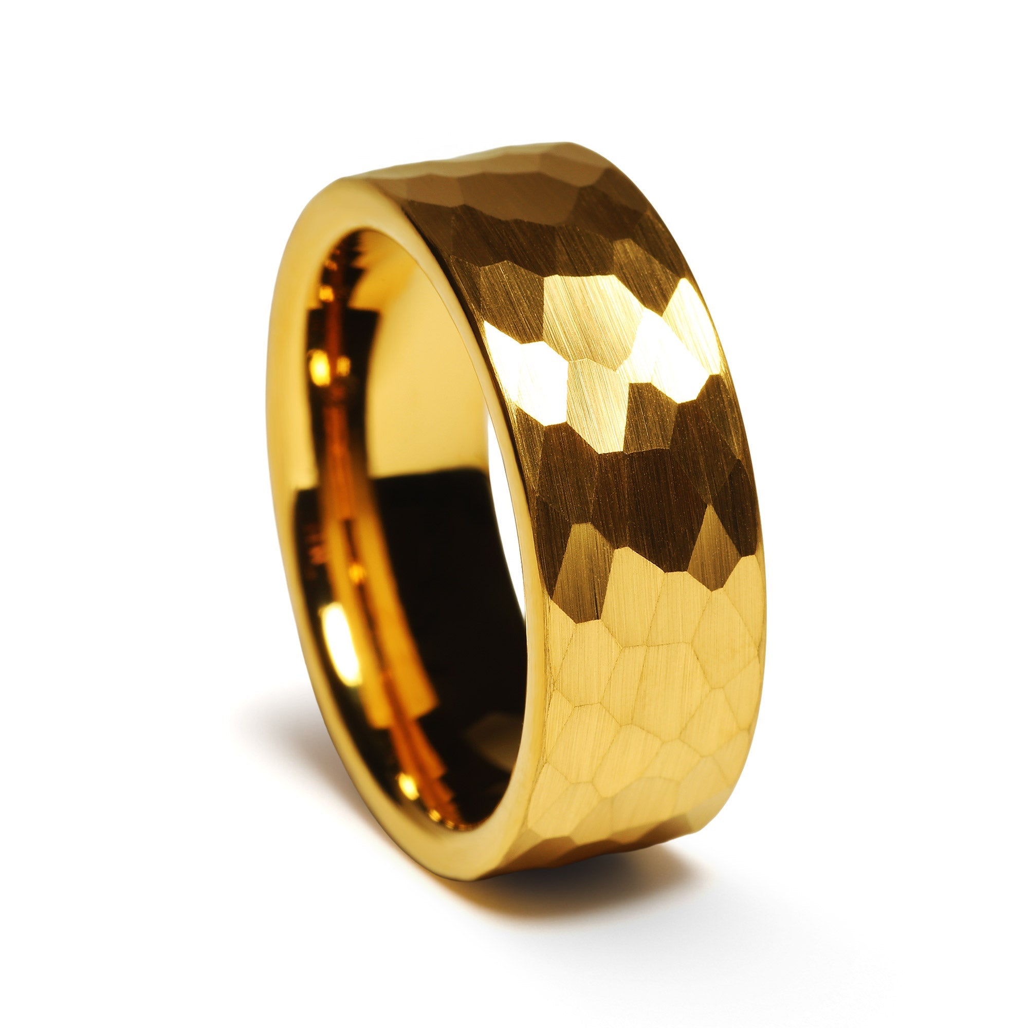 Minimalist Gold Wedding Band for Men | 8mm Hammered Tungsten Ring