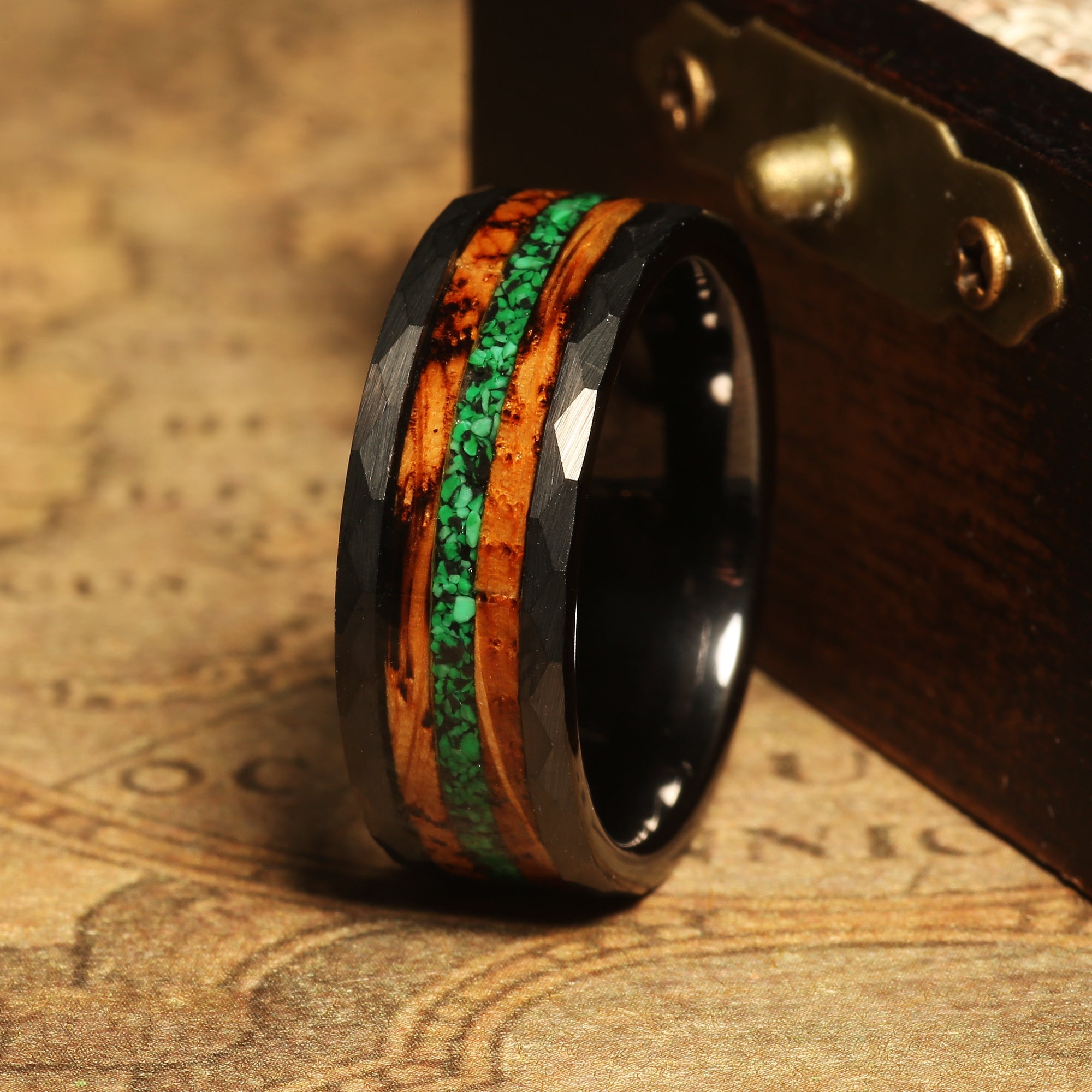Malachite Whiskey Barrel Wedding Band for Men | 8mm Black Hammered Tungsten Ring