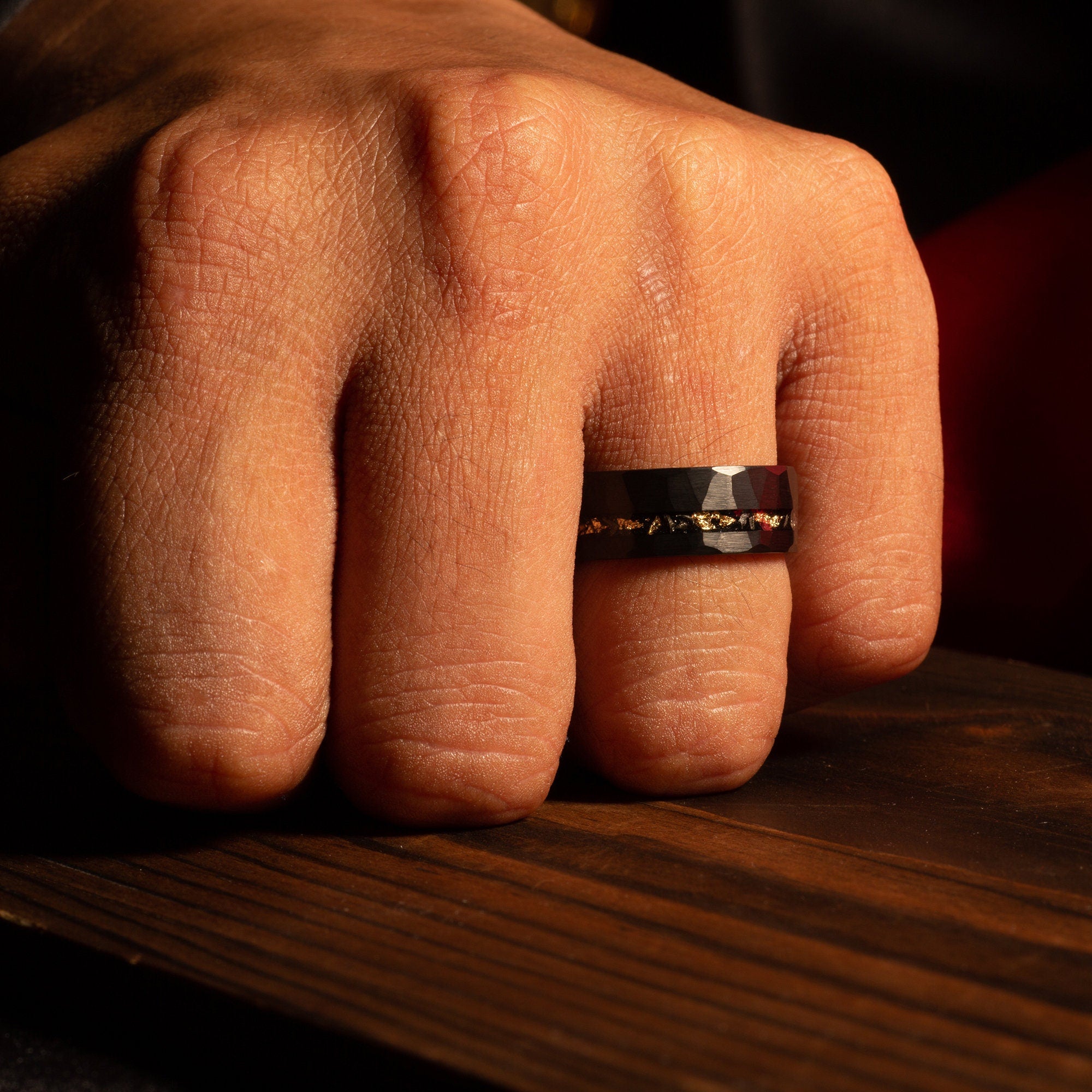 Black Hammered Meteorite Gold Leaf Wedding Band for Men | 8mm Tungsten Ring