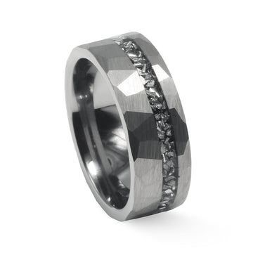 Silver Hammered Meteorite Wedding Band for Men | 8mm Tungsten Ring 4