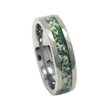Moss Agate Nature Ring for Men | 6mm Silver Hammered Tungsten Band 3