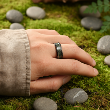 Moss Agate Silver Strip Wedding Band for Men | 8mm Black Hammered Tungsten Ring 4