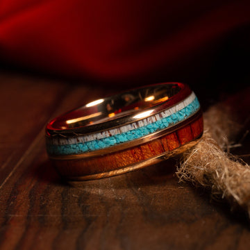 Koa Wood Deer Antler Turquoise Wedding Band for Men | 8mm Rose Gold Tungsten Ring 4