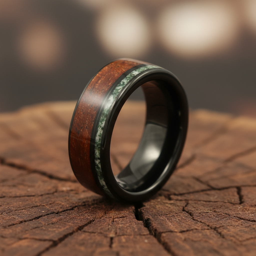 Hawaiian koa wood moss agate wedding ring for men