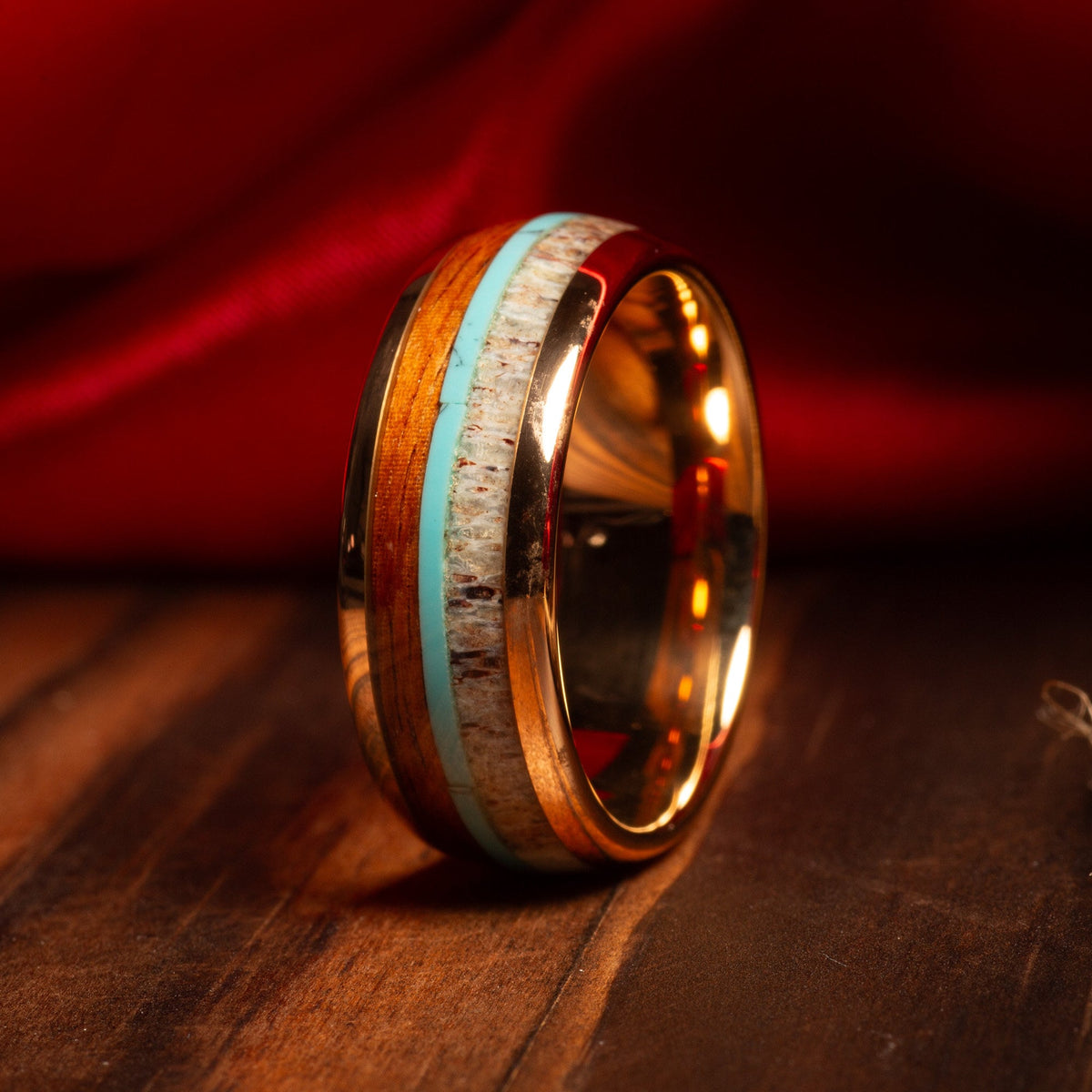 Hawaiian koa wood turquoise wedding band for men with deer antler
