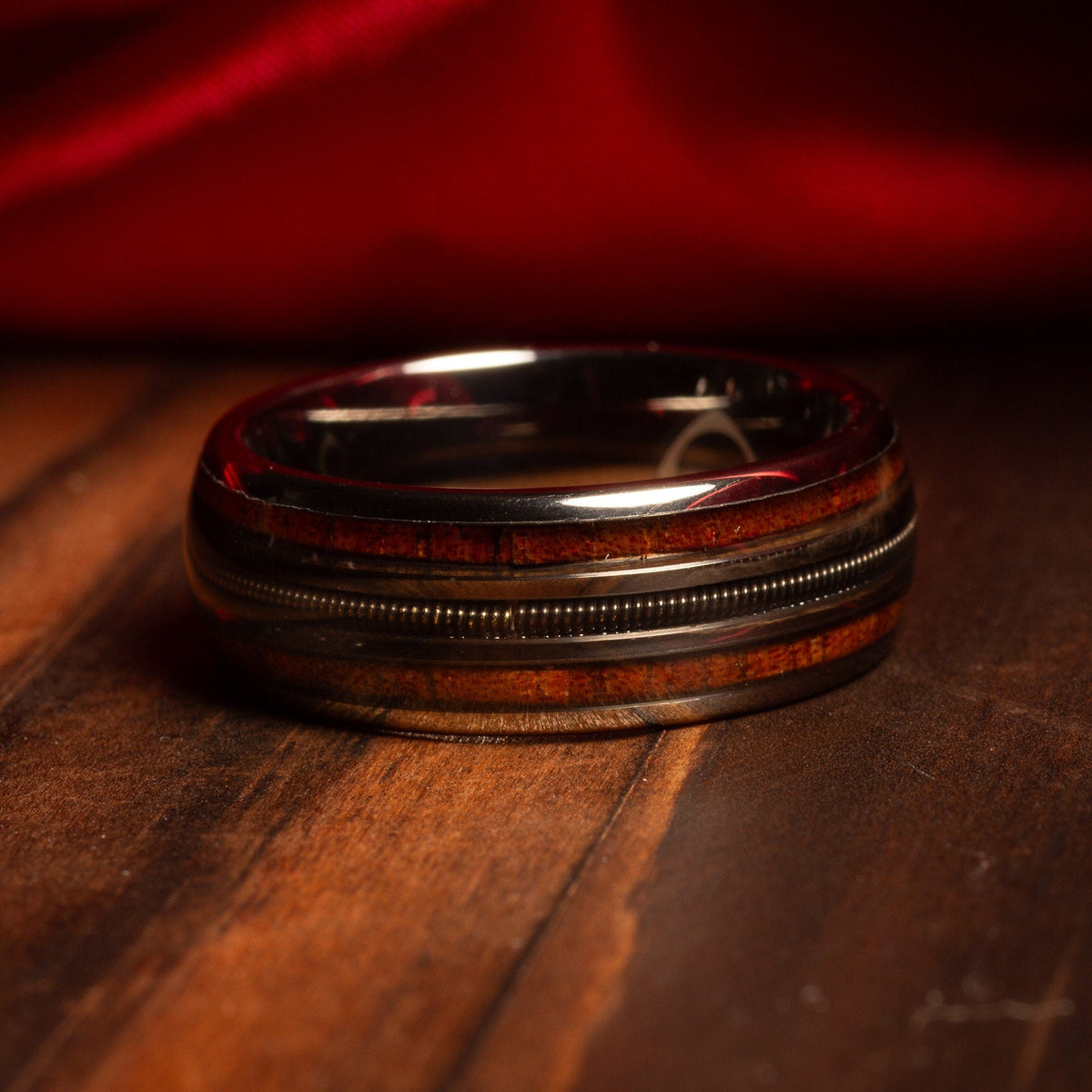 Hawaiian koa wood wedding band for men with guitar string
