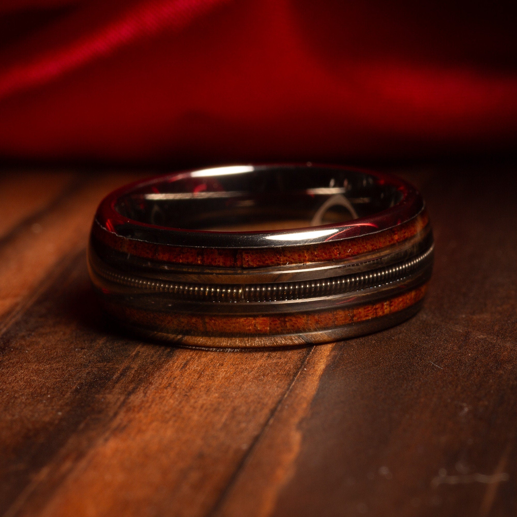 Koa Wood Guitar String Wedding Band for Men | 8mm Silver Tungsten Ring
