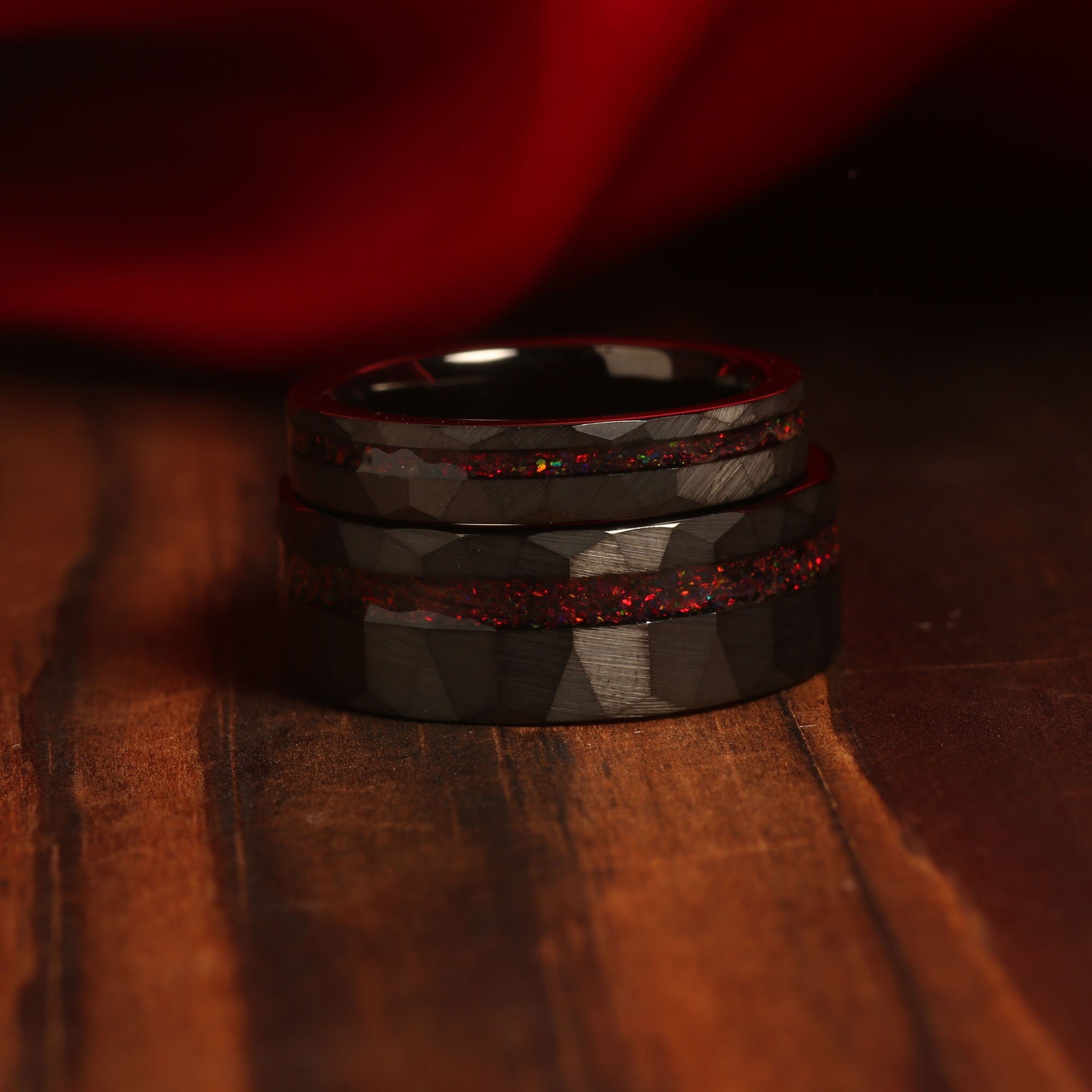 Fire Red Opal Matching Wedding Band Set | His and Hers Black Tungsten Rings