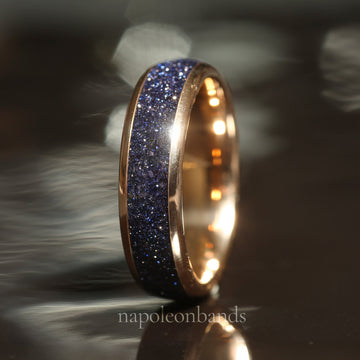 Milky Way Sandstone Matching Wedding Band Set | His and Hers Rose Gold Tungsten Rings 6