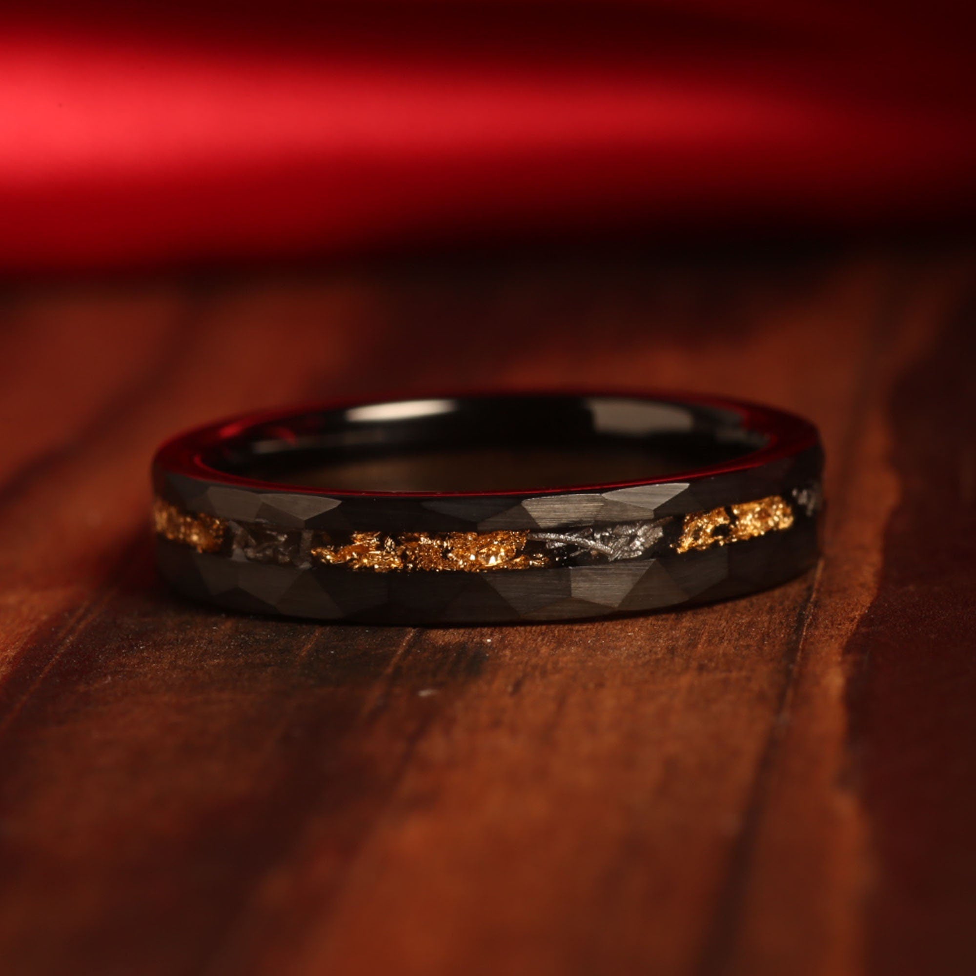 Meteorite Gold Leaf Matching Wedding Band Set | His and Hers Black Hammered Tungsten Rings