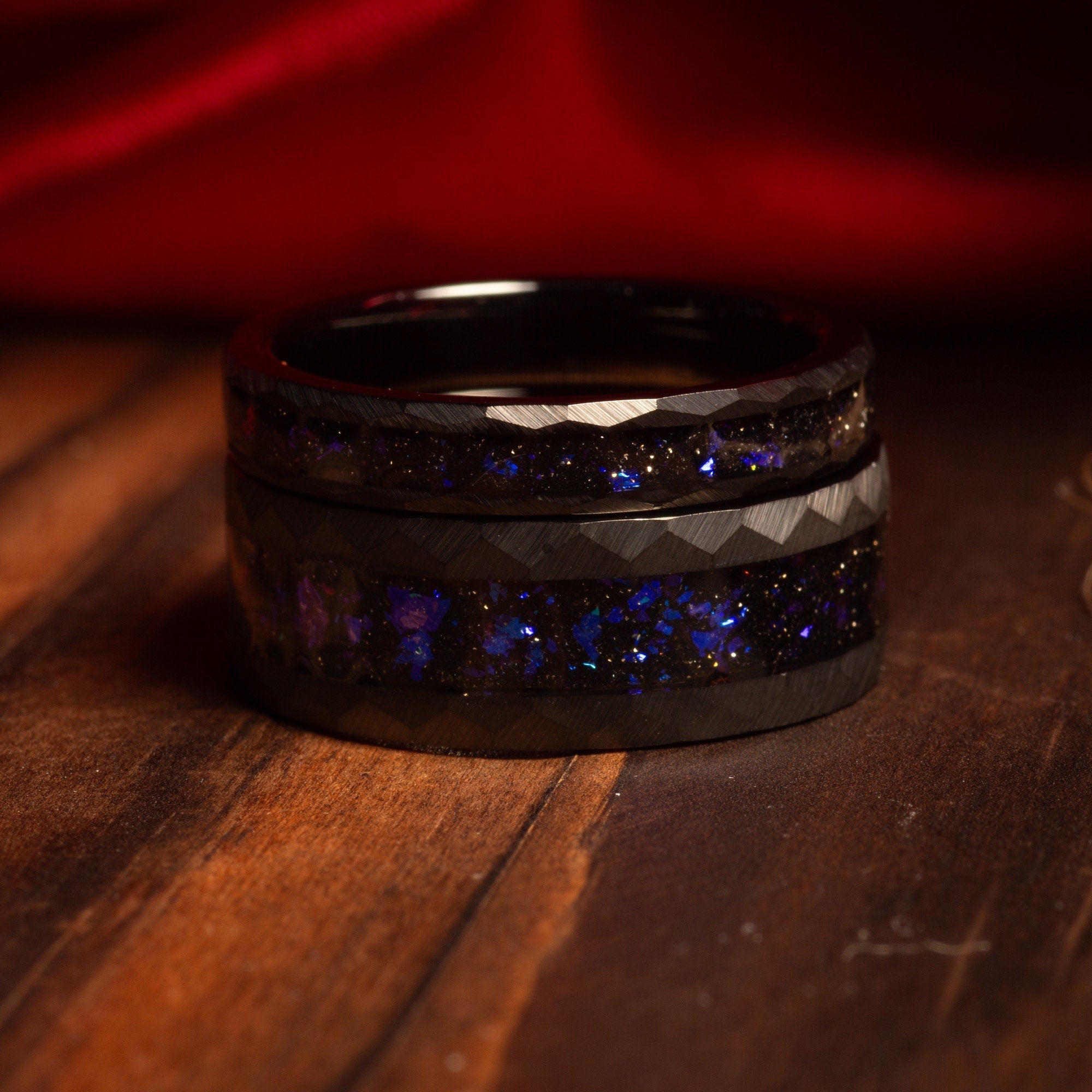 Meteorite Blue Sandstone Matching Wedding Band Set | His and Hers Black Hammered Tungsten Rings