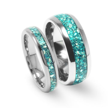 Aquamarine Matching Wedding Band Set | His and Hers Silver Tungsten Rings 2
