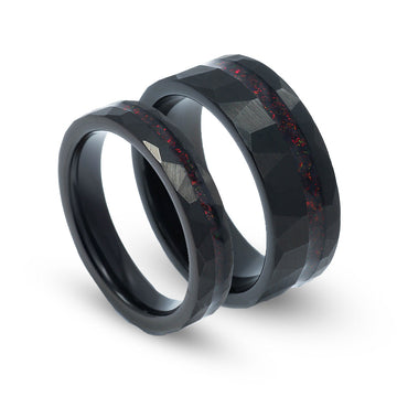 Fire Red Opal Matching Wedding Band Set | His and Hers Black Tungsten Rings 9