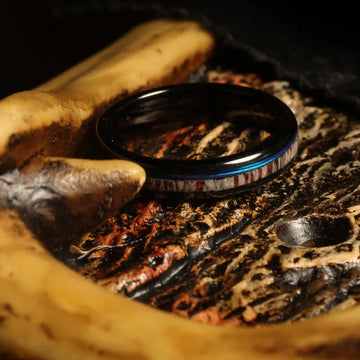 Whiskey Barrel Deer Antler Fishing Line Matching Wedding Band Set | His and Hers Black Tungsten Rings 9
