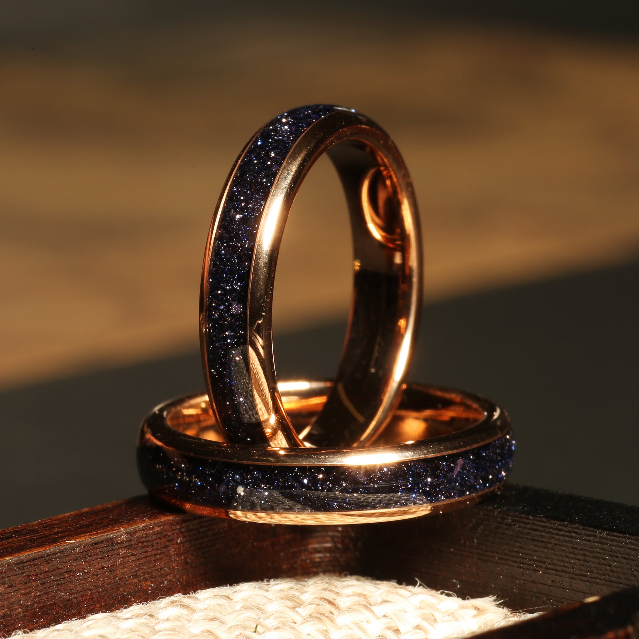 Blue Sandstone Matching Wedding Band Set | His and Hers Rose Gold Tungsten Rings