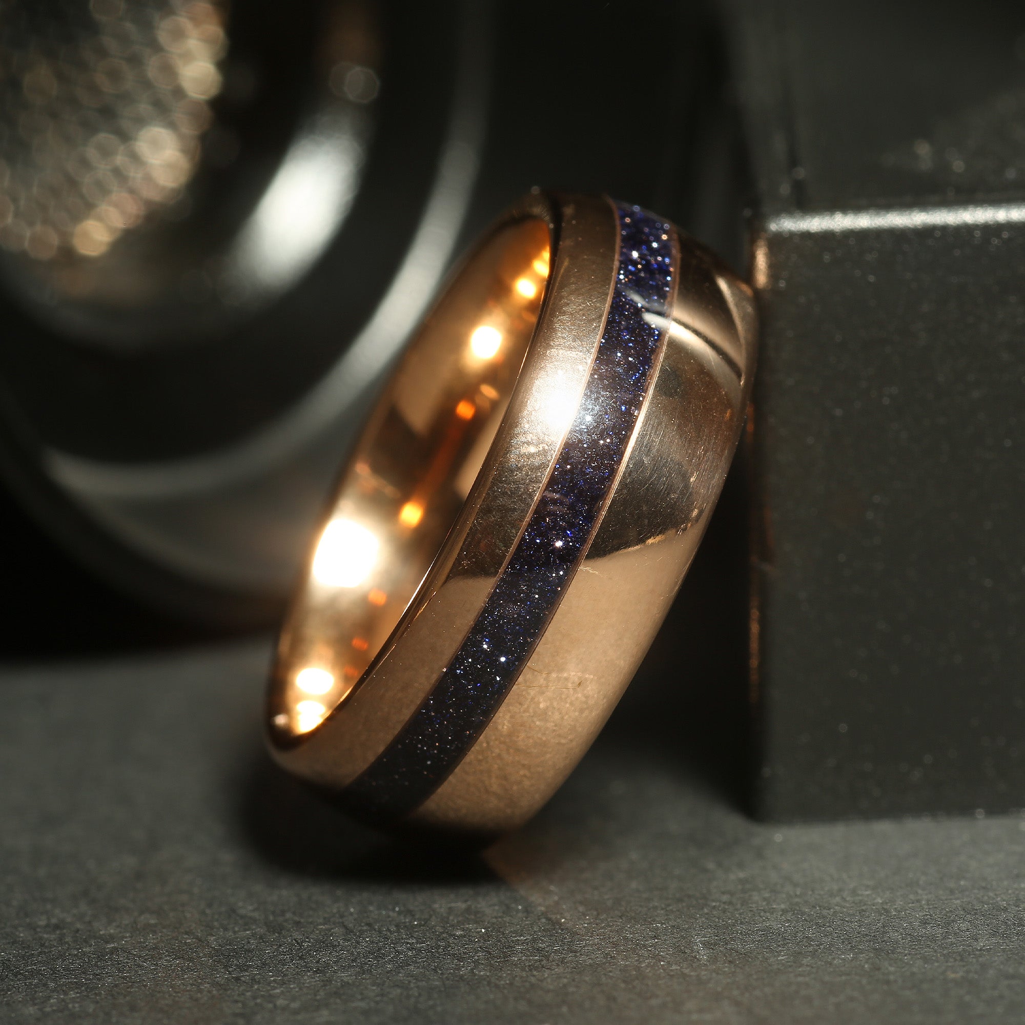 Cosmo Flare Sandstone Matching Wedding Band Set | His and Hers Rose Gold Tungsten Rings