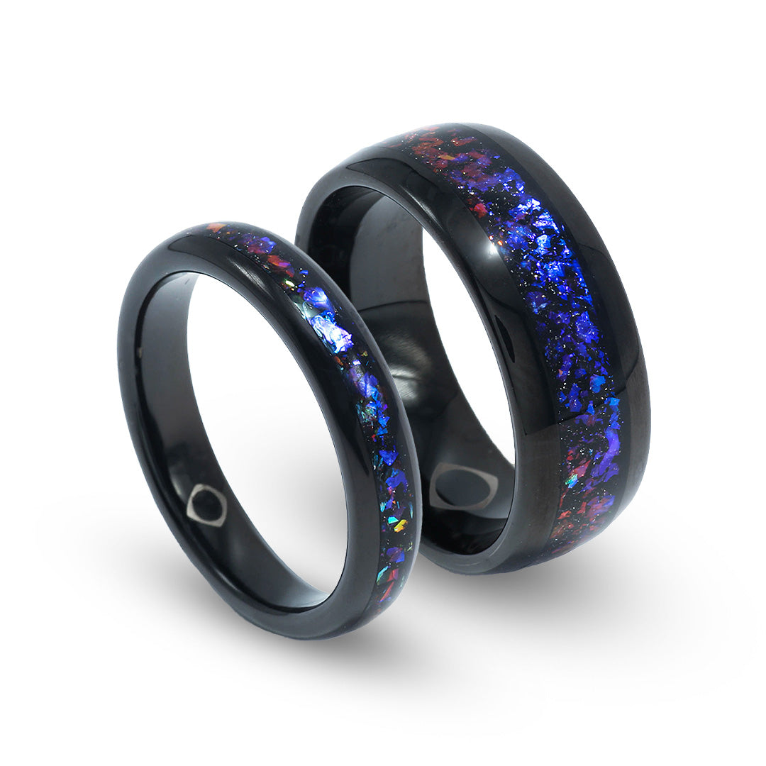 Meteorite Blue Opal Matching Wedding Band Set | His and Hers Black Tungsten Rings