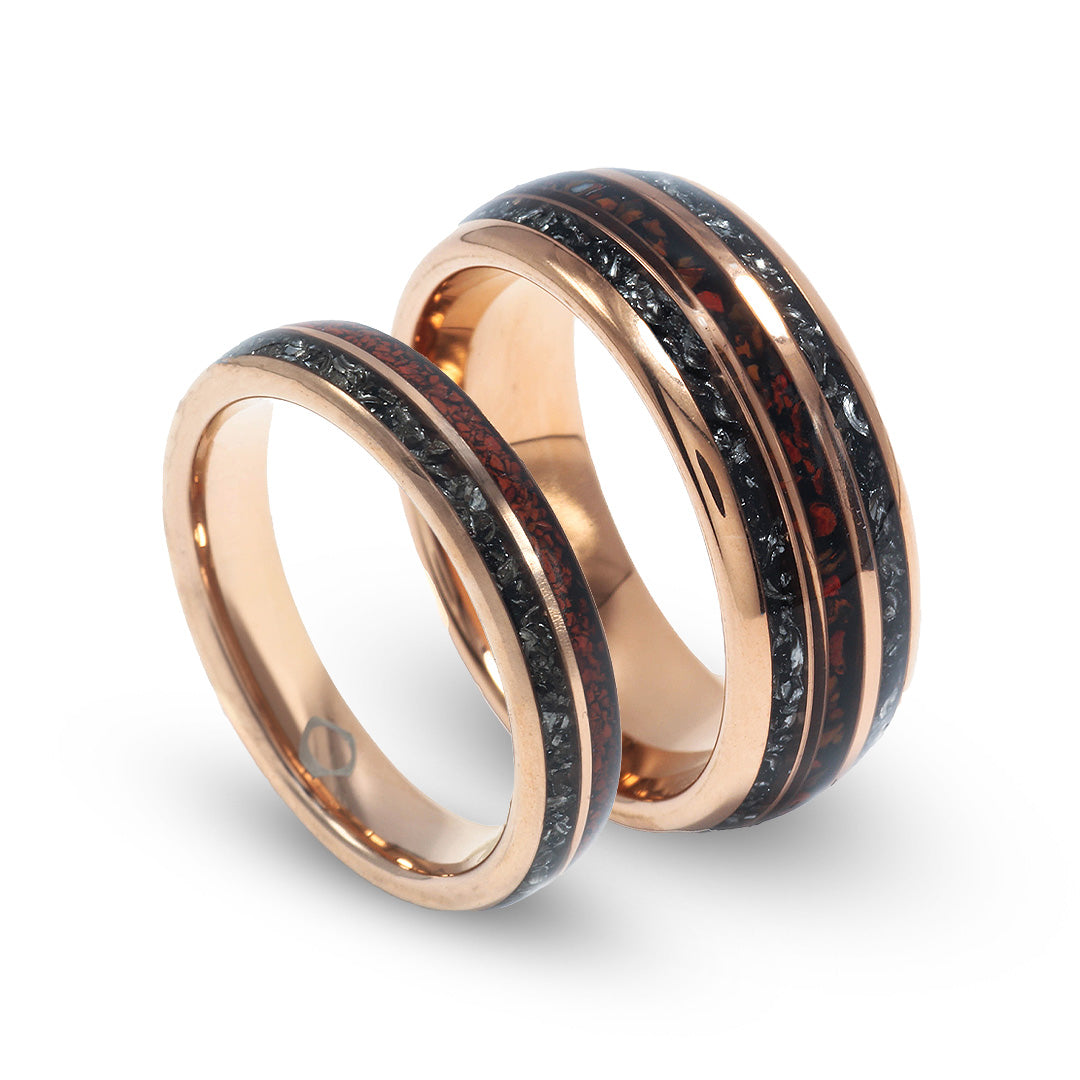 Meteorite Dinosaur Bone Matching Wedding Band Set | His and Hers Rose Gold Tungsten Rings